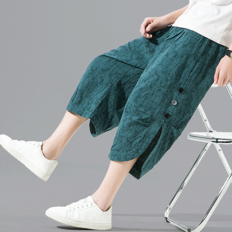 Pantalones de verano de seda de hielo de alta calidad para hombre, pantalones frescos y cómodos hasta la pantorrilla, pantalones informales con corte de botones de sección delgada