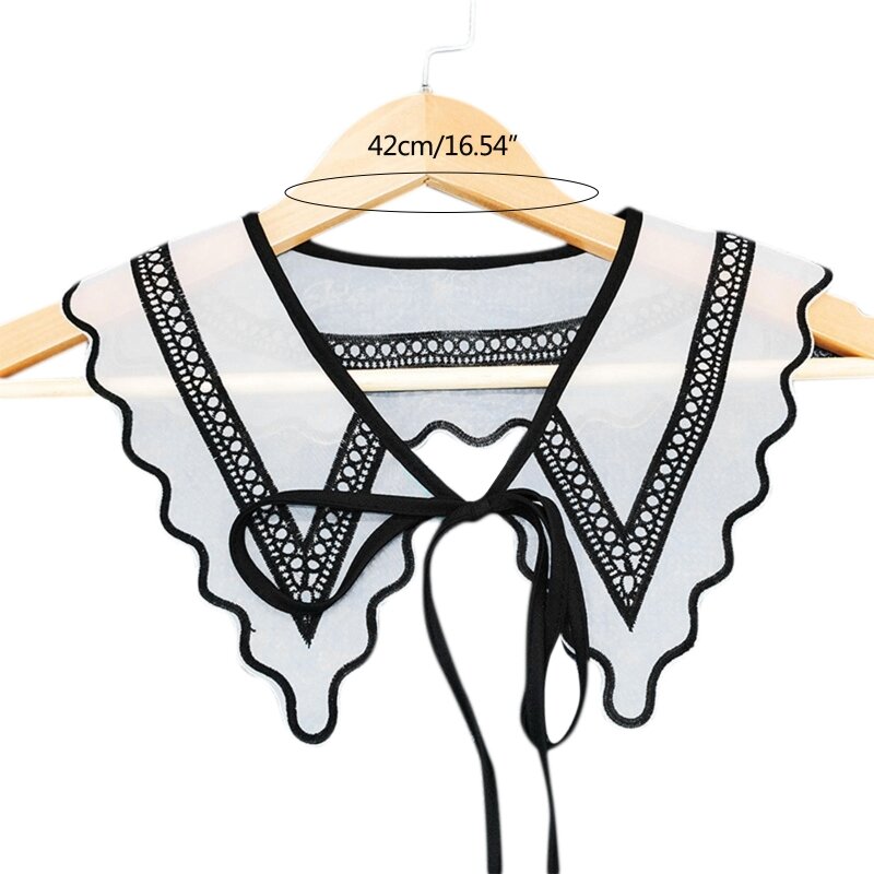 Women Black White Contrast Color Organza Faux Collar Shawl Exquisite Embroidery Geometric Pattern Wavy Trim Lace-Up Scarf Short