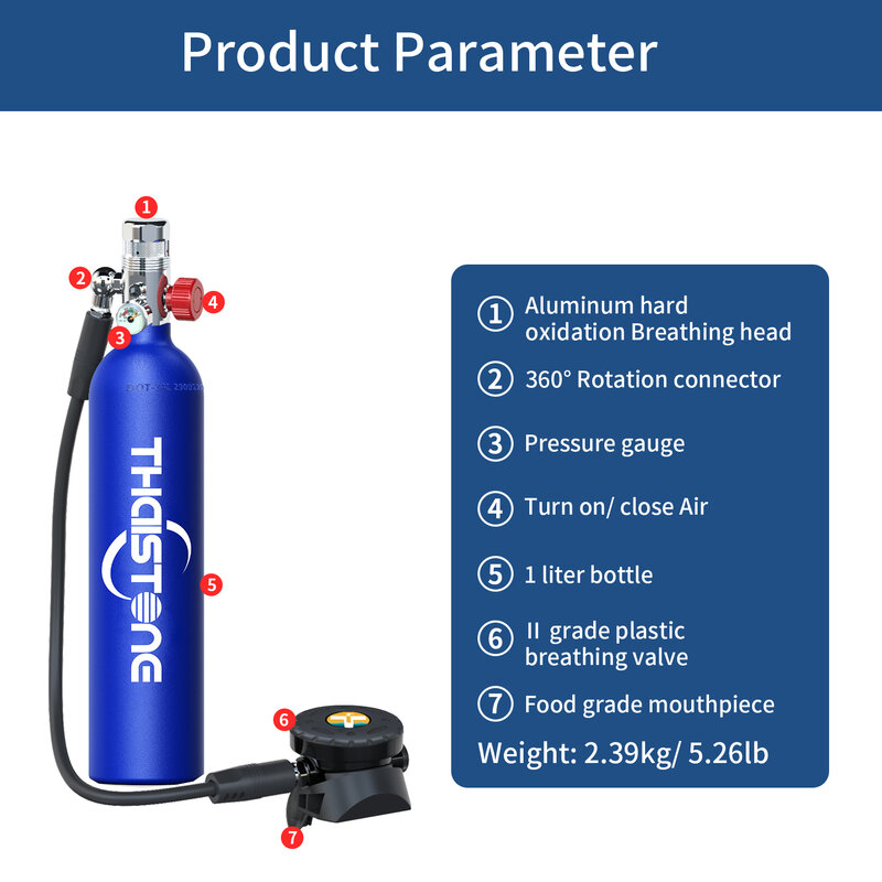 Portable Scuba Diving Tank, 1L, Underwater Professional Diving Equipment, Snorkeling  Oxygen Cylinder, 15-25 Minutes