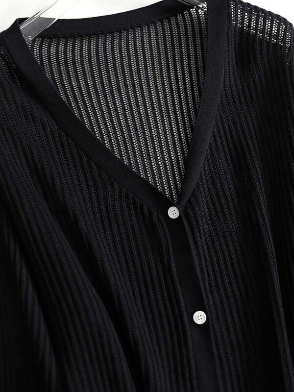 เสื้อคลุมคาร์ดิแกนคอวีกลวงออกไซส์ใหญ่80กก. ฤดูใบไม้ผลิฤดูร้อนสำหรับผู้หญิงเสื้อนอกลำลองเสื้อสเวตเตอร์สไตล์เกาหลี
