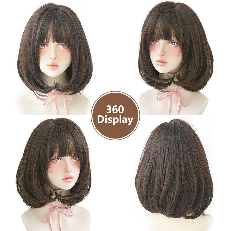 7JHH-peluca corta y recta de alta densidad para mujer, postizo de pelo marrón en capas sintético con flequillo de cortina, color Chocolate, uso diario
