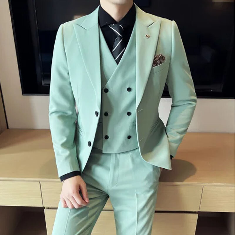 2024 Formal New Men's Business Solid Color Slim Suit Slim Fit Double Breasted Waistcoat Dress Blazers Coat Vest Pants