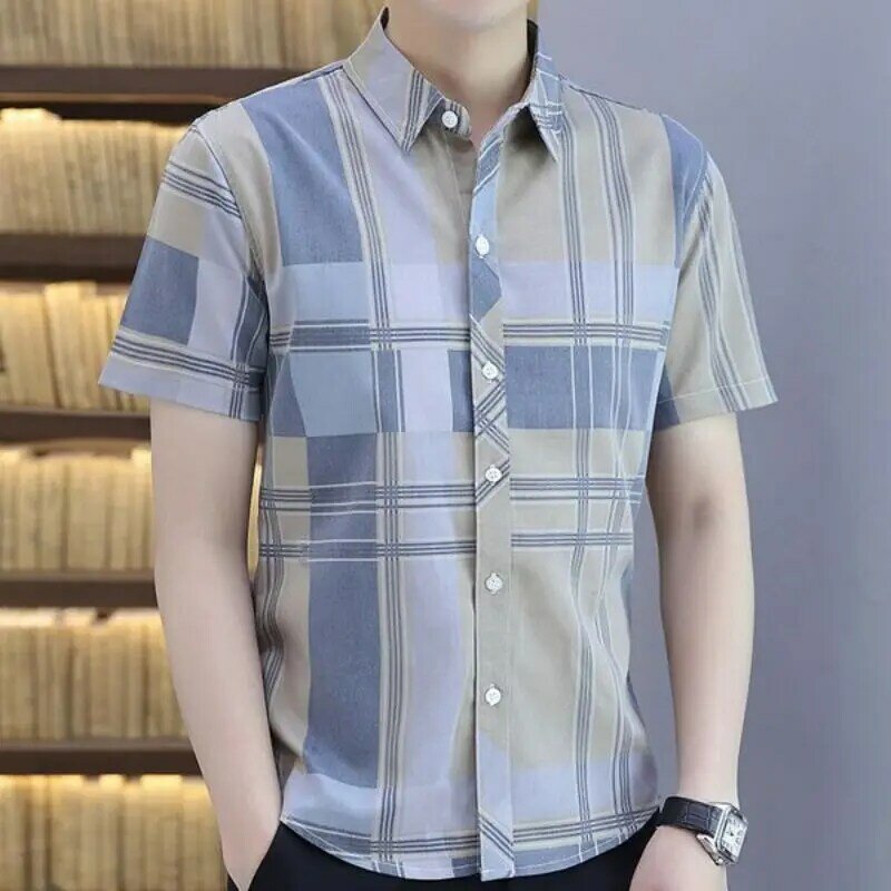 Fashion Lapel Button Printed Business Plaid Shirts Men Clothing 2024 Summer New Loose Casual Tops Short Sleeve All-match Shirt