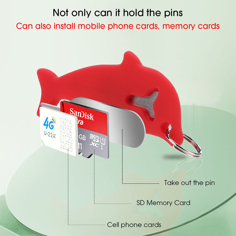 Mobile Phone SIM Card Storage Case, Dolphin Ejecter Tool Keyring, Pin da agulha, Needle Holder Tray, Open Needle, Removal