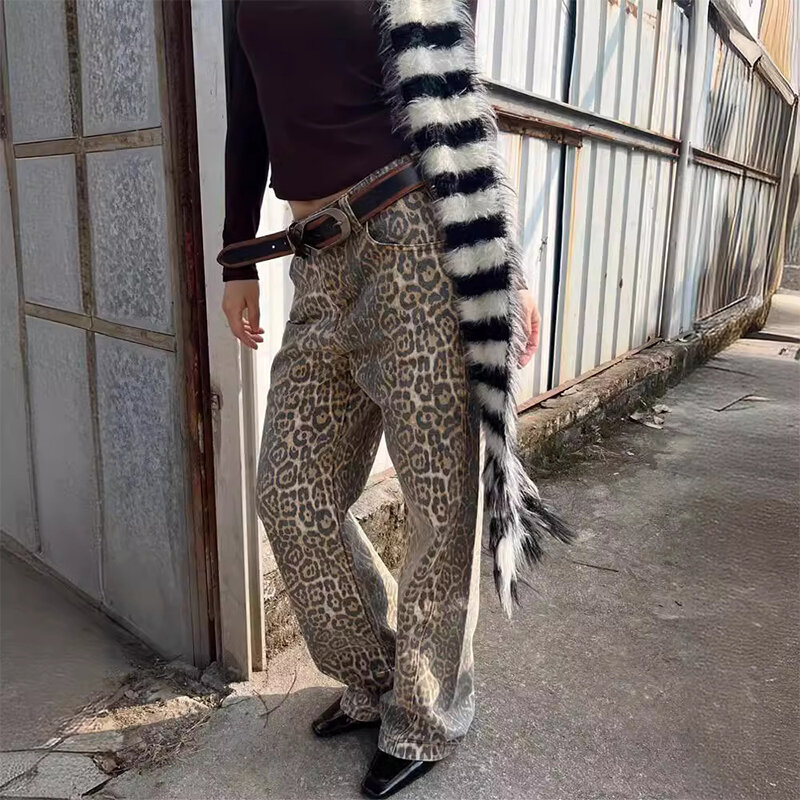 American Style Leopard Wash Jeans Women Retro Street Hip Hop Loose Casual Pants High Waist Straight Leg Jeans