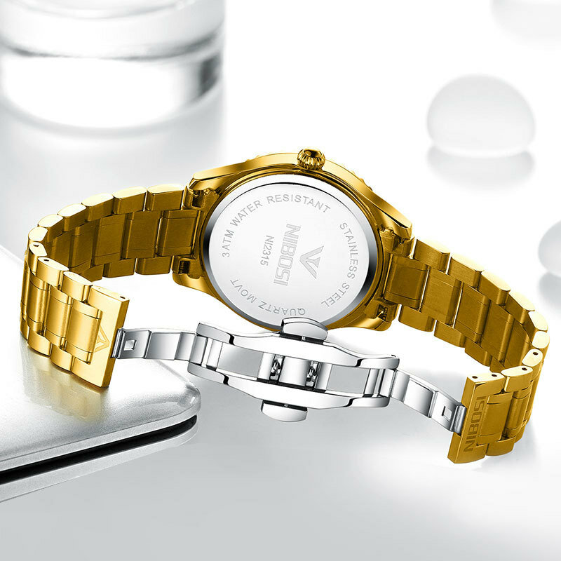 Брендовые роскошные золотые кварцевые часы NIBOSI для мужчин и женщин из нержавеющей стали водонепроницаемые наручные часы для влюбленных с отображением недели и даты