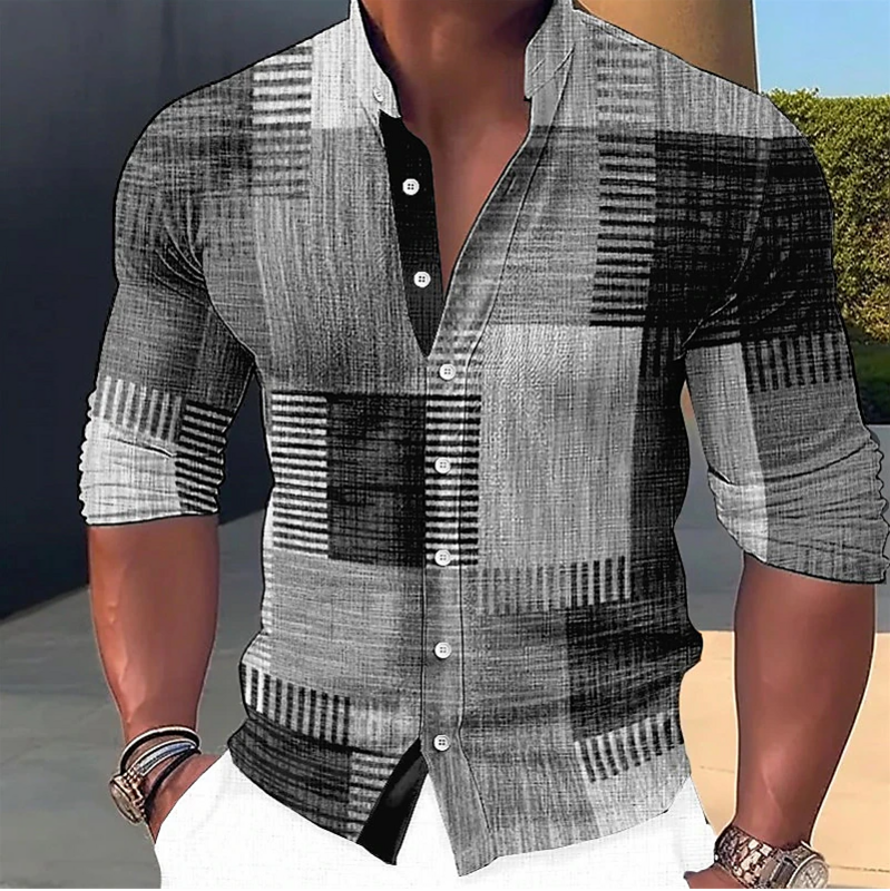 Men's shirt color block 3D printing, outdoor street long sleeved button up clothing fashion design, casual and breathable