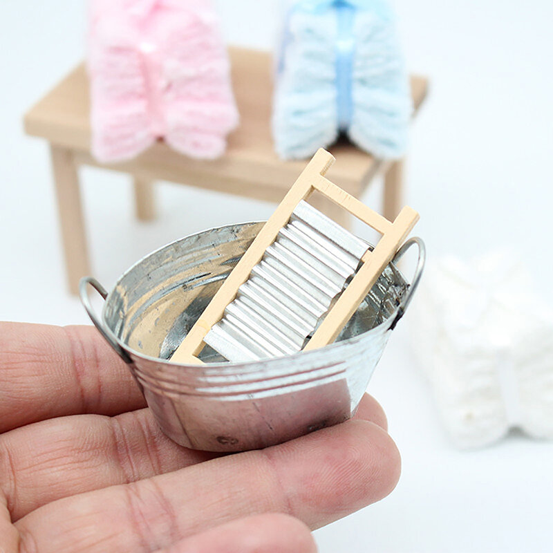 1Set 1:12 Dollhouse Miniature Washboard Iron Bucket Bathroom Model Decor Toy Doll House Accessories