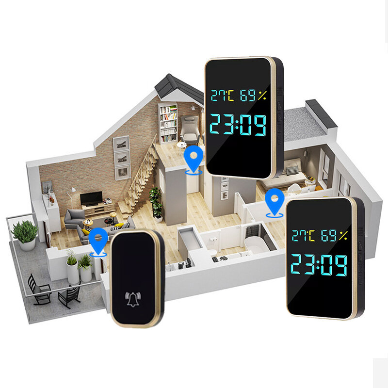 Беспроводной дверной звонок без аккумулятора, автономный дверной звонок с дисплеем температуры и влажности, 433 МГц, звонок для дома и улицы