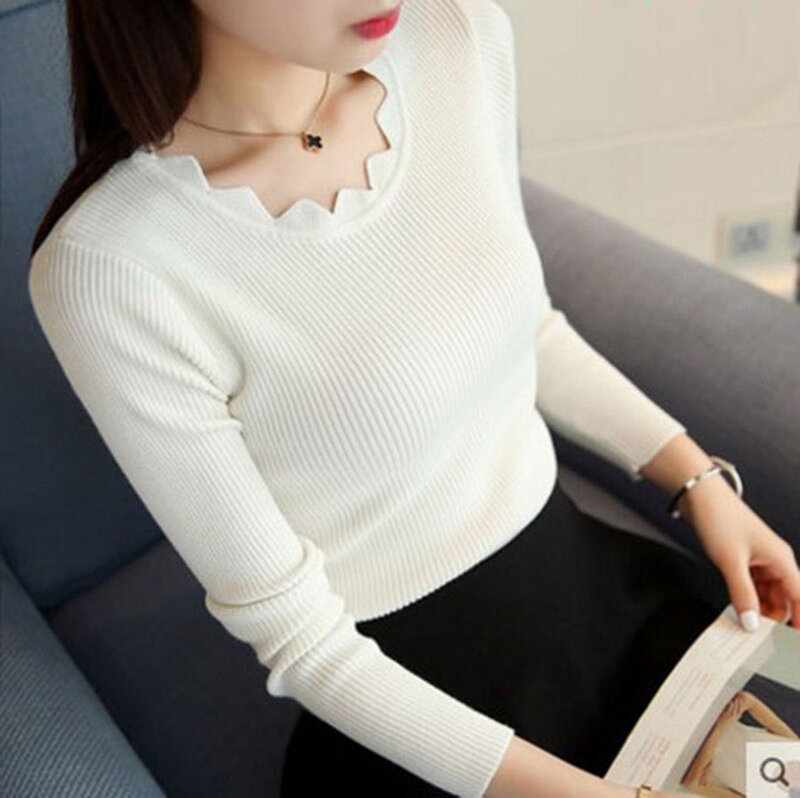 2024 new Sweater Pullovers Women's Autumn Winter Long sleeved Lotus Collar Short Korean Knitted Solid Color Bottom Shirt Jumpers