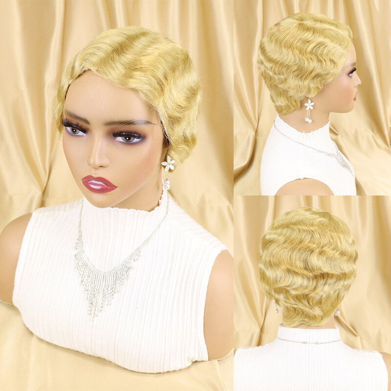 Wig Rambut Manusia Potongan Pixie Pendek Brasil Gaya Rambut Gelombang Jari untuk Wanita Kulit Hitam Wig Murah Lucu Wig Buatan Mesin Penuh Remy