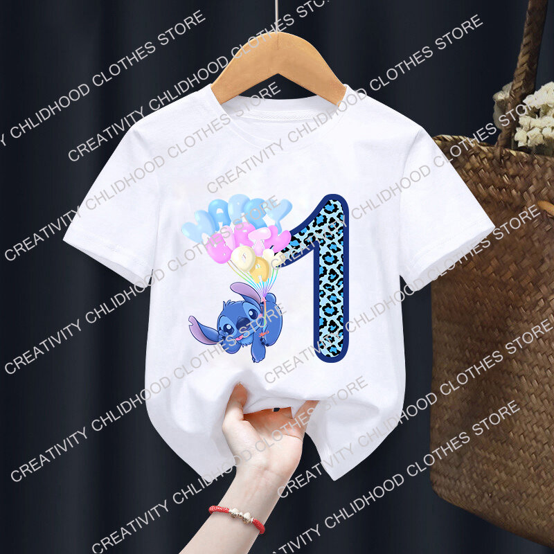 Disney Lilo Stitch dzieci t-shirt numer 1-14 bajki dziecięce koszulki Anime Kawaii bluzki odzież codzienna chłopiec z krótkim rękawem dla dziewczyny