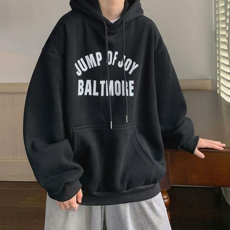 Men Hoodie with Front Pockets Men Hoodie Men's Retro Letter Print Hoodie with Big Patch Pocket Elastic Cuff Thick Warm for Fall