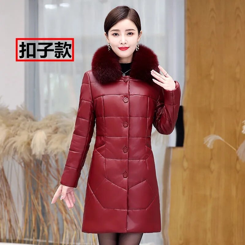 New Winter Leather Jacket Women's Overcoat Loose Thicke Warm Parker Coat Length Detachable Fur Collar Leather Cotton-Padded Coat