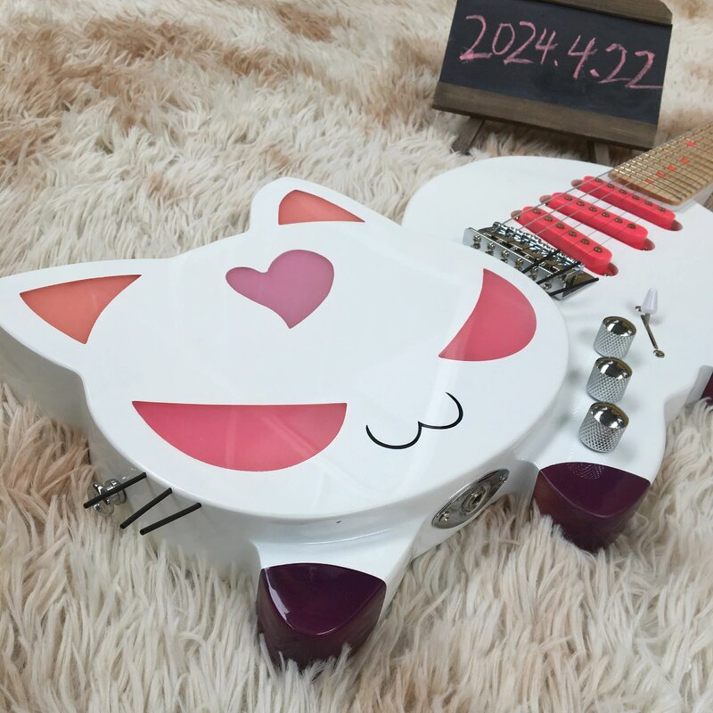 Guitarra eléctrica de 6 cuerdas, instrumento musical con diseño de gato blanco, hardware cromado, envío gratis