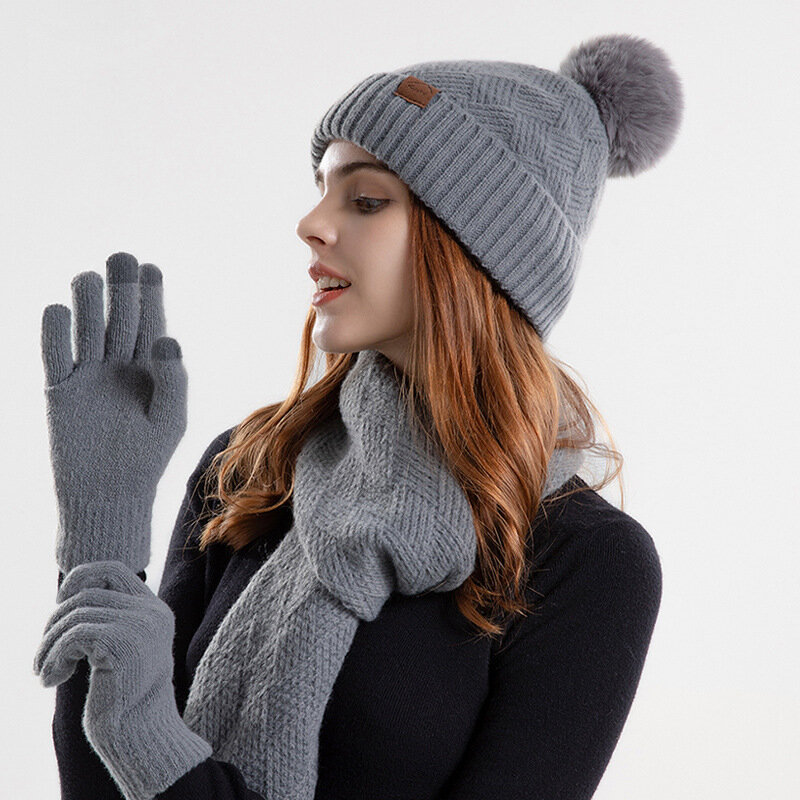 Женский зимний теплый комплект, флисовая подкладка, облегающая шапка, перчатки с пальцами, утепленный шарф, Рождественская вязаная шапка-глушитель, оптовая продажа