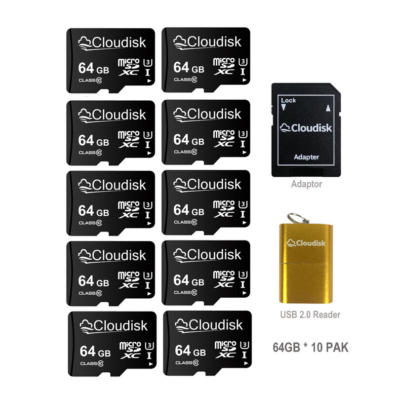 Clouddisk การ์ด Micro SD 10แพ็คการ์ดความจำ128GB 64GB 32GB 16GB 8GB A1 C10ไมโคร SD บัตร TF พร้อมอะแดปเตอร์ SD อ่านฟรีของขวัญฟรี