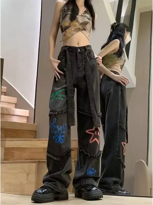 China-Chic celana jins wanita motif bintang rasa desain Ins celana kaki lurus tepi mentah ramping longgar pinggang tinggi musim gugur