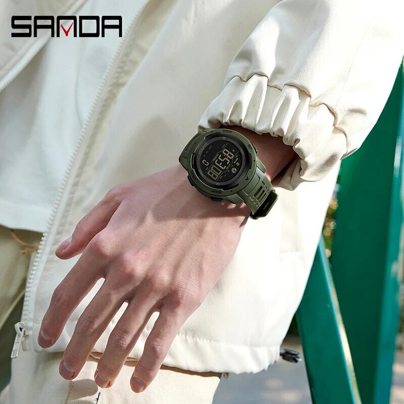 SANDA 브랜드 남성용 시계 스포츠 만보기 칼로리 50M 방수 LED 디지털 워치 밀리터리 손목시계 2145