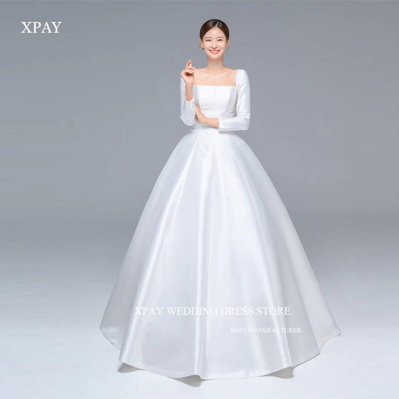 XPAY-فساتين زفاف بسيطة من الساتان ، فساتين زفاف كورية ، أكمام طويلة ، رقبة مربعة ، طول الكلمة ، ظهر بسحاب