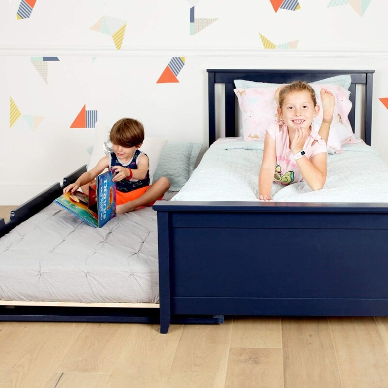 Struttura del letto in legno con testiera per bambini con basi e telai per letto a rotelle mobili per bambini blu a doghe
