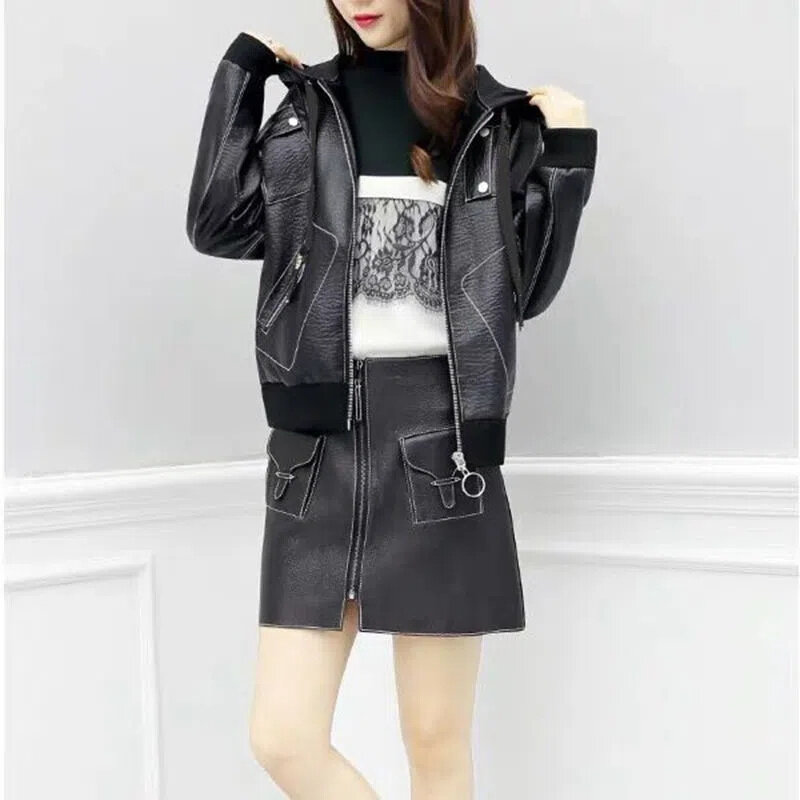 Women PU Leather Jacket Autumn Winter NO Velvet /Add Velvet Leather Coat Female Hooded Overcoat Loose Large Size Leather