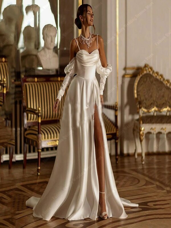 Gaun pengantin minimalis modis jubah A-Line garpu tinggi baru rok berbulu pesta Hem hiasan kristal Vestidos De Novia
