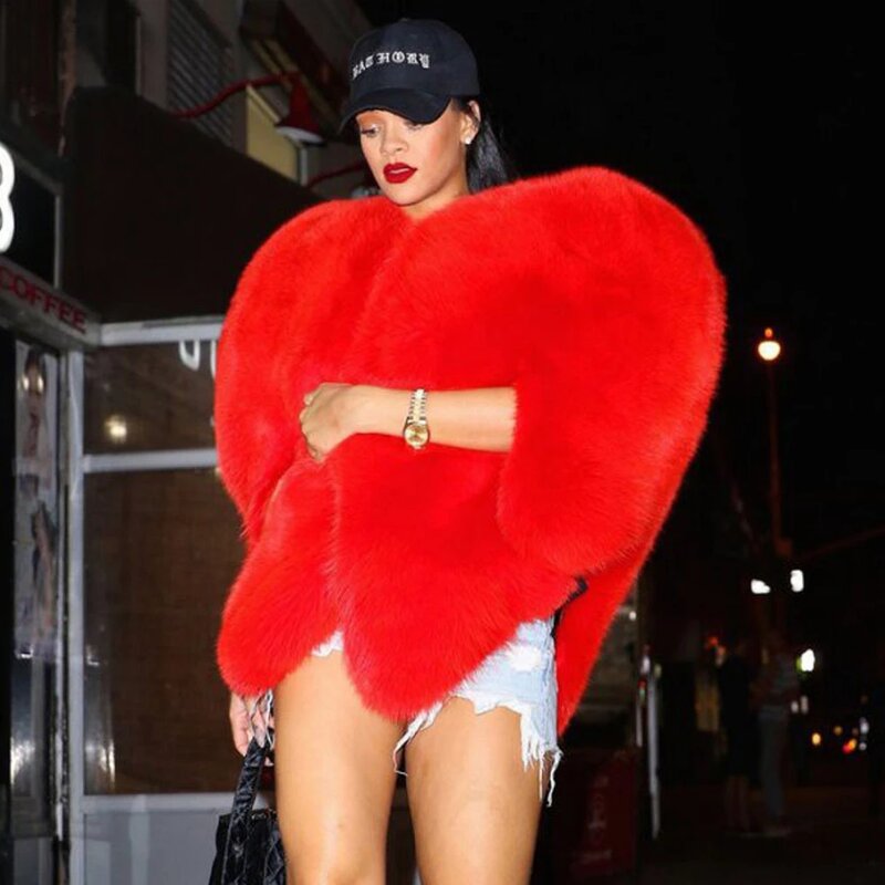 Elegante 3D Red Love mantello a forma di cuore pelliccia di volpe sintetica spessa calda celebrità donne lungo peloso cappotto Shaggy giacca capispalla inverno Top
