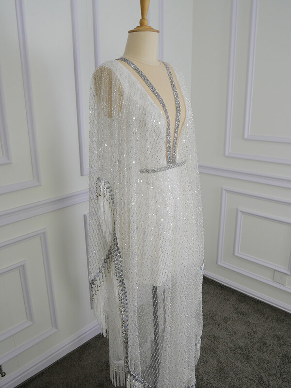 Weiß Illusion Quaste Pailletten Dubai Abendkleid Glitter Perlen Kristall Saudi Arabisch Formale Party Kleid