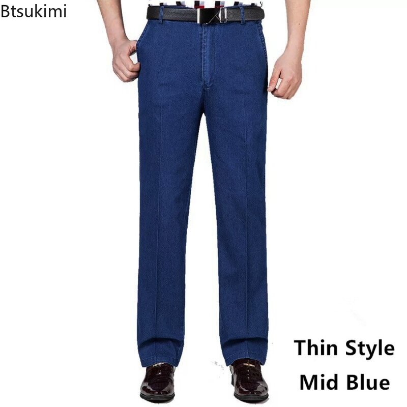 Celana panjang Jeans pria, Denim regang kasual bisnis elastis desain pinggang tinggi nyaman ukuran besar 30-42 2024