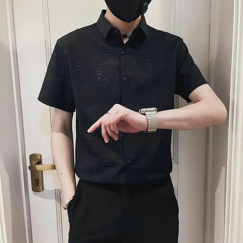 Camisa masculina elegante slim fit monocromática, blusa esportiva casual, que combina com tudo, gola quadrada, manga curta, moda Harajuku, solta
