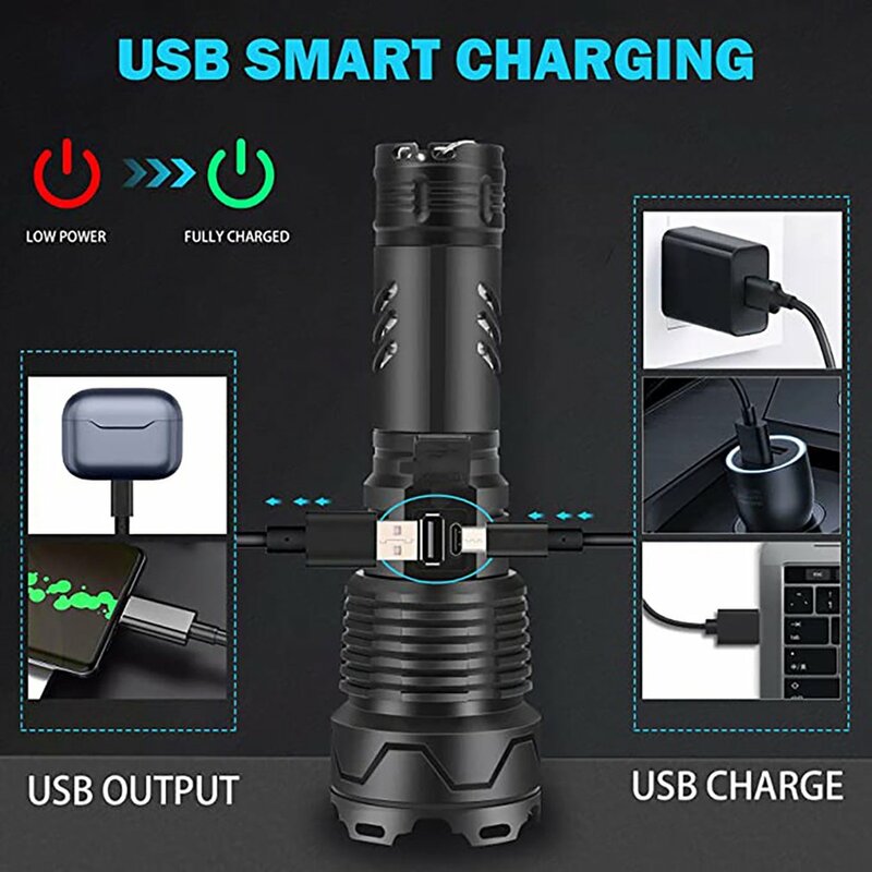 New LED Rechargeable XHP160 Flashlight Aluminum Handheld Strong Light Type C Zoom Torch Tactical Flashlight 5000MAH Dropshipping