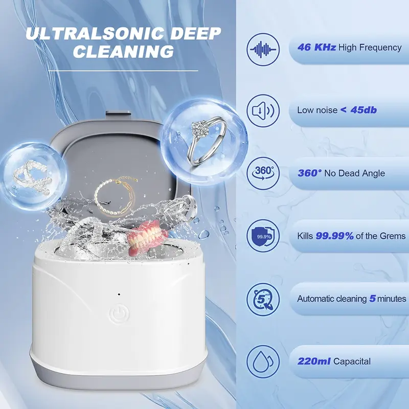 KUNPHY Household Ultrasonic Cleaner, UltraSonic Máquina de Limpeza, Banho Dentadura Profissional, Retentor de Dentes Falsos, 46kHz, 7.5 OZ