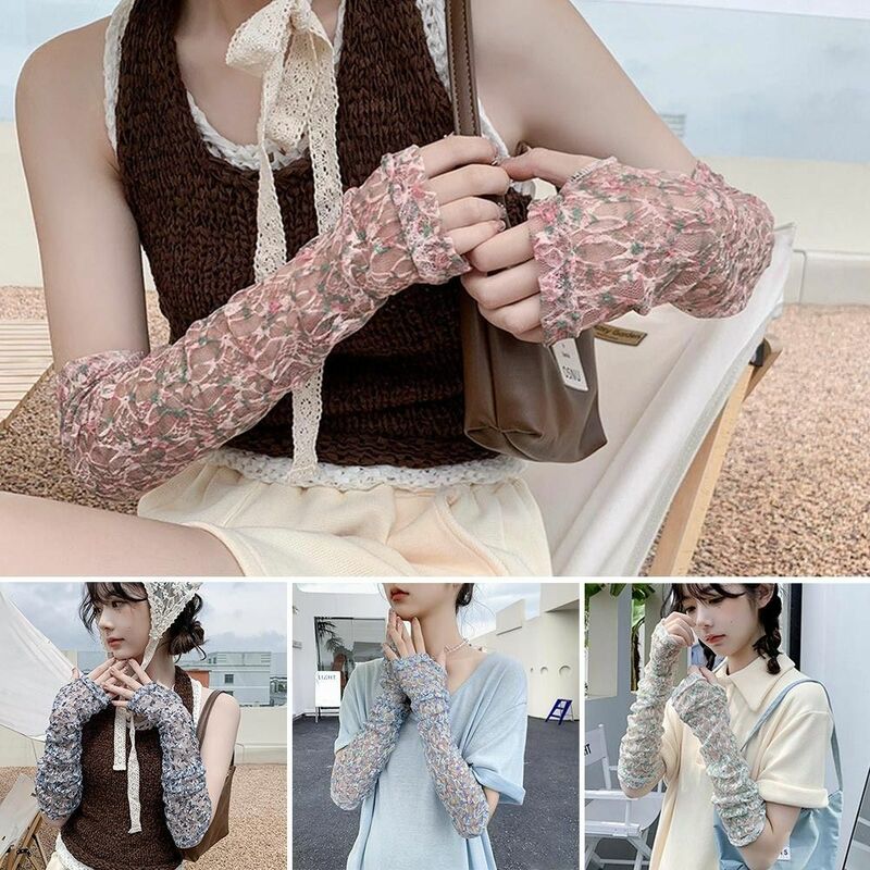 Sun Protection Thin Mesh Cycling Mittens Hollow-Out Long Gloves Arm Sleeves