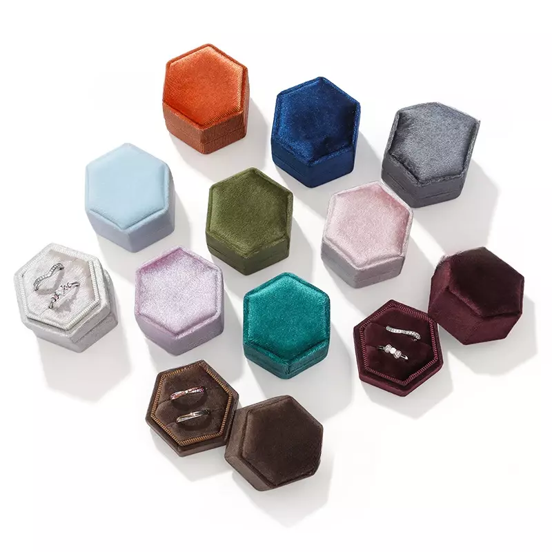 Hexagon Flannel Ring Box Colorful Spot Jewelry Package Display Velvet Box for Wedding Confession Jewelry Packaging Display