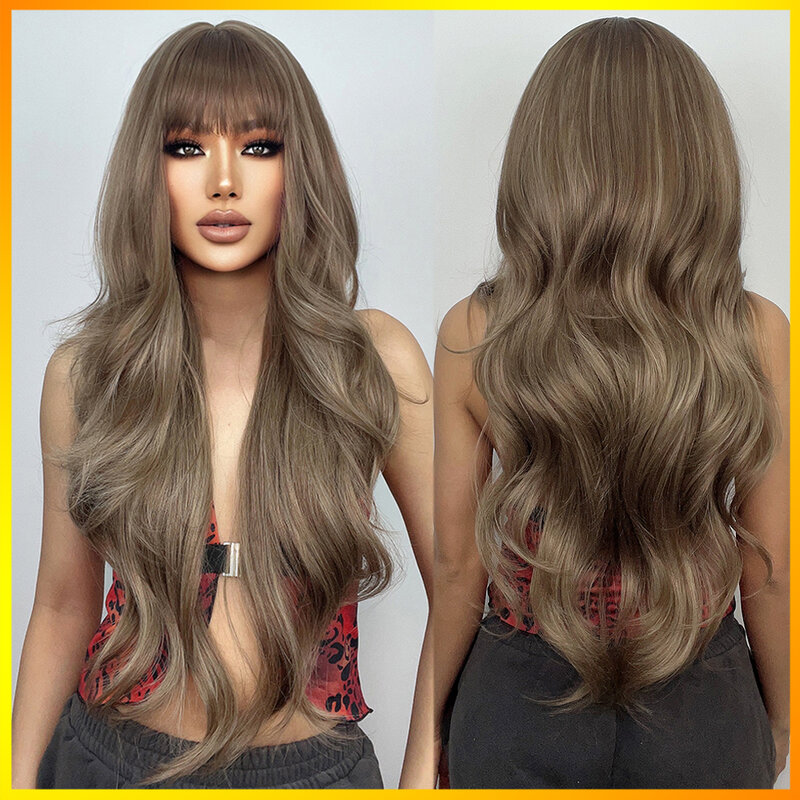 High Temperature Chocolate Dark Brown Hair Daily Party Use Fiber Long Body Wave Synthetic Wigs Wavy with Bangs for Women