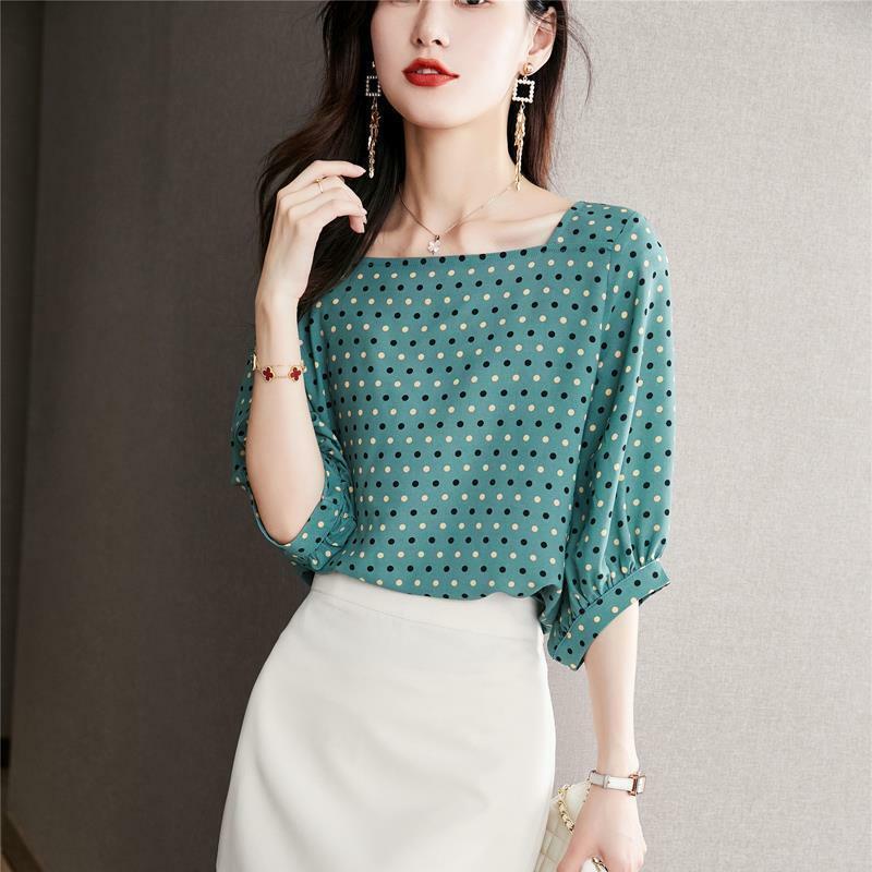 Women's 2024 Summer New Pullover Patchwork Square Collar Polka Dot Batting Sleeve Fashion Loose 3/4 Sleeve Blouses Shirts
