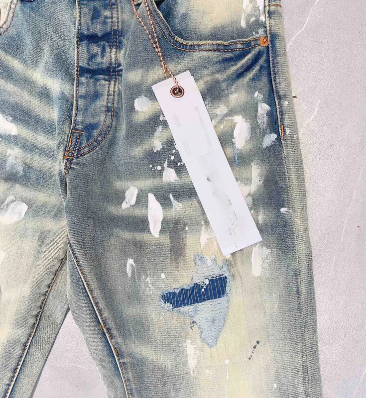 جينز أرجواني ممزق مع إصلاح الشارع العالي وقطع منخفضة ، سراويل جينز ، علامة تجارية للأزياء ، جودة عالية