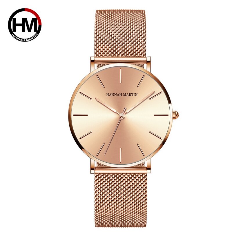Hannah Martin-reloj de malla de acero inoxidable para mujer, cronógrafo de movimiento de cuarzo japonés, sencillo, resistente al agua, color oro rosa