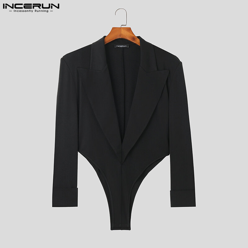INCERUN Sexy Stylish Style Bodysuits Handsome Men Solid All-match Simple Rompers Casual Male V-neck Long Sleeved Jumpsuits S-5XL