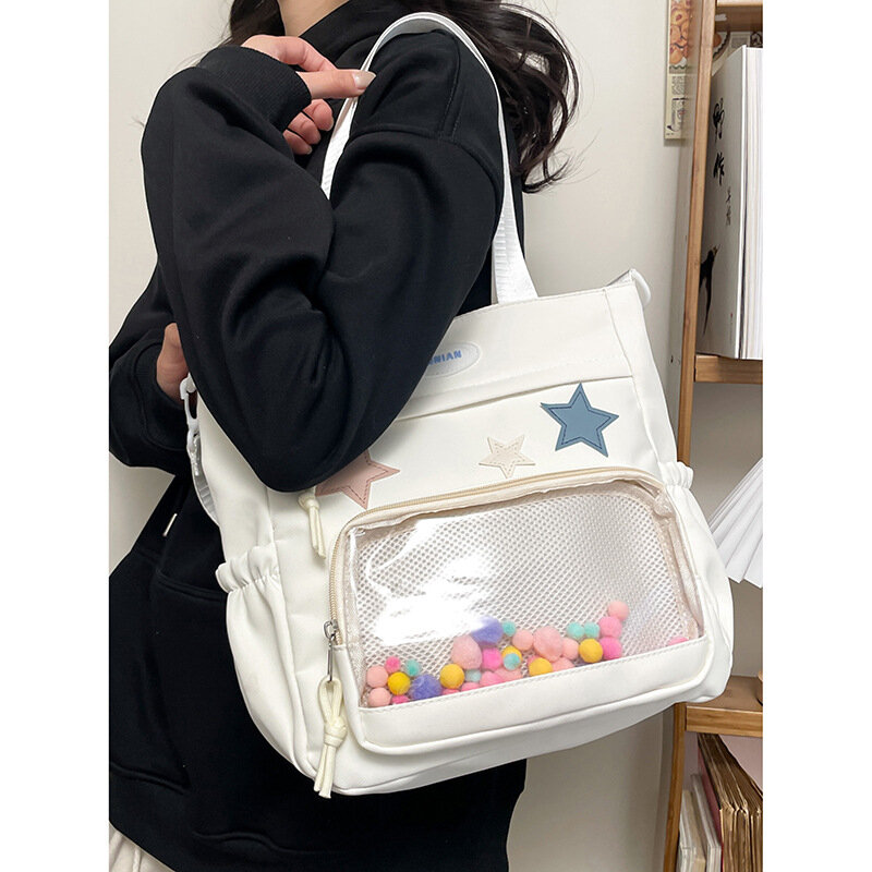 Haex กระเป๋าสะพายไหล่สำหรับผู้หญิงฮาราจูกุ, กระเป๋าใส่เหรียญความจุมากทำมือ2024นักเรียนกระเป๋าผ้าไนล่อนสำหรับเดินทาง