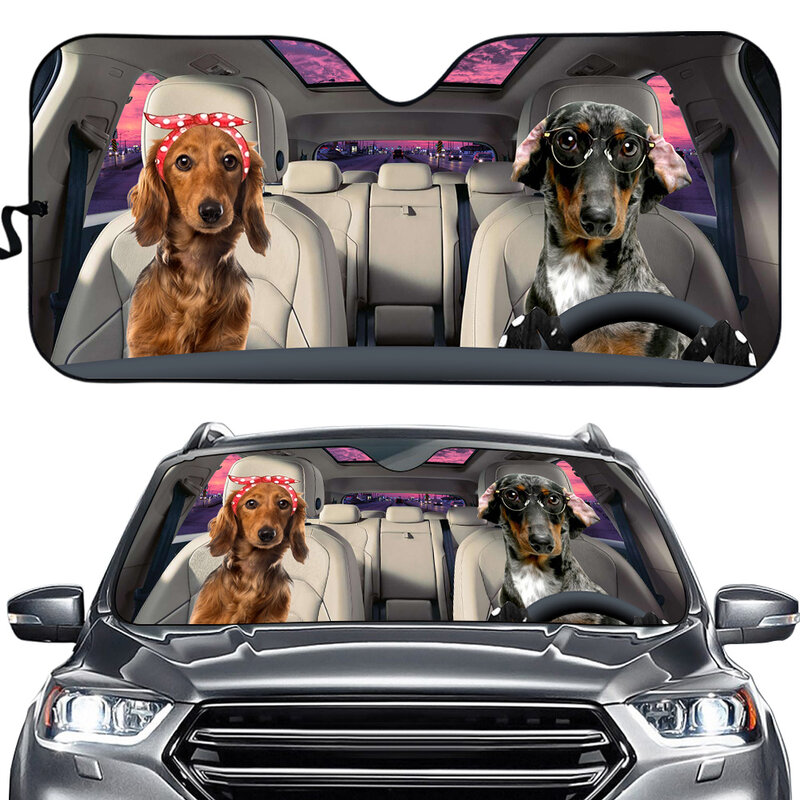 Bulldog engraçado dos desenhos animados e Pug Driving Print Car Sun Shade, Janela frontal, Bloquear raios UV, pára-brisa dobrável, protetor de viseira