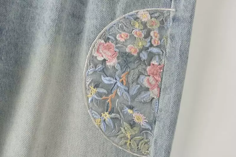 Pantalones vaqueros con bordado de flores para mujer, Vaqueros informales, Retro, de cintura alta, con bolsillo lateral, 22, 2024
