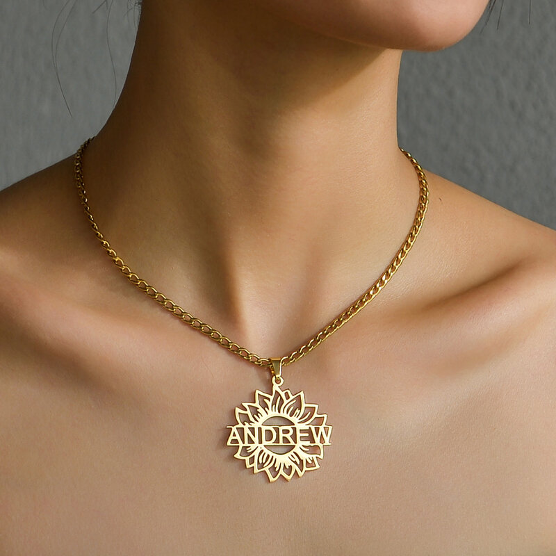 Collar personalizado con nombre para hombre y mujer, colgante con letras de acero inoxidable dorado girasol, joyería para regalo de cumpleaños
