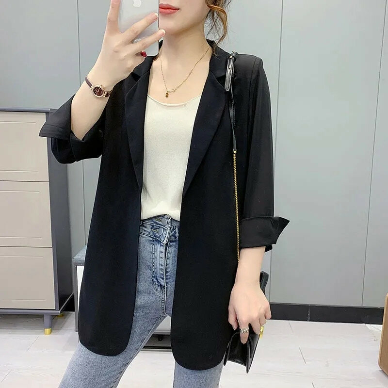 Blazer wanita musim panas versi Korea tipis, baju pelindung matahari sifon panjang menengah longgar pakaian luar lengan tiga perempat