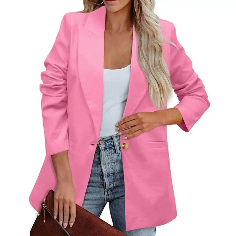 Women's Office Blazer Long Sleeve Pocket Single Button Autumn Winter Solid Color Lapel Temperament Suit Jacket Coat Workwear