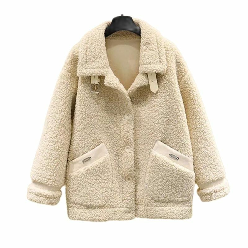 Mantel pendek semua dalam satu bulu wol kecil wanita, mantel saku bulu berserat longgar modis gaya Korea musim gugur dan musim dingin 2023