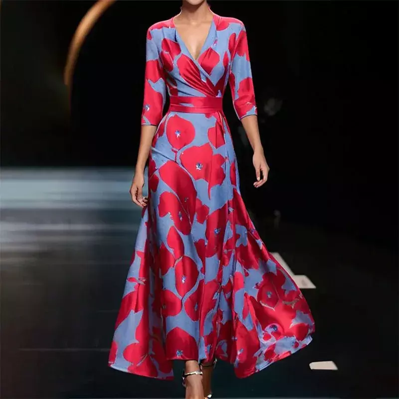 Sexy Deep V-neck Wrap Wasit Long Dress Women Casual Seven Sleeve Slim Fit Party Dress 2024 Fashion Temperament Print Maxi Dress