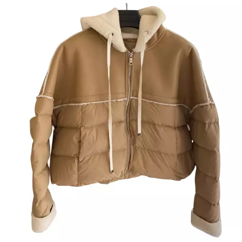 Jaket pendek, jaket pendek dengan manset kontras musim dingin nyaman longgar ramah bulu dan bulu terintegrasi