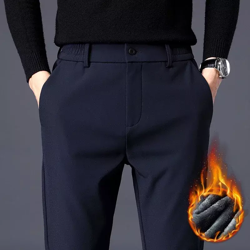 Autumn Winter Pants Men Thicken Fleece Lined Warm Elastic Waist Outdoor Sweatpants Fashion Slim Grey Suit Trousers Male